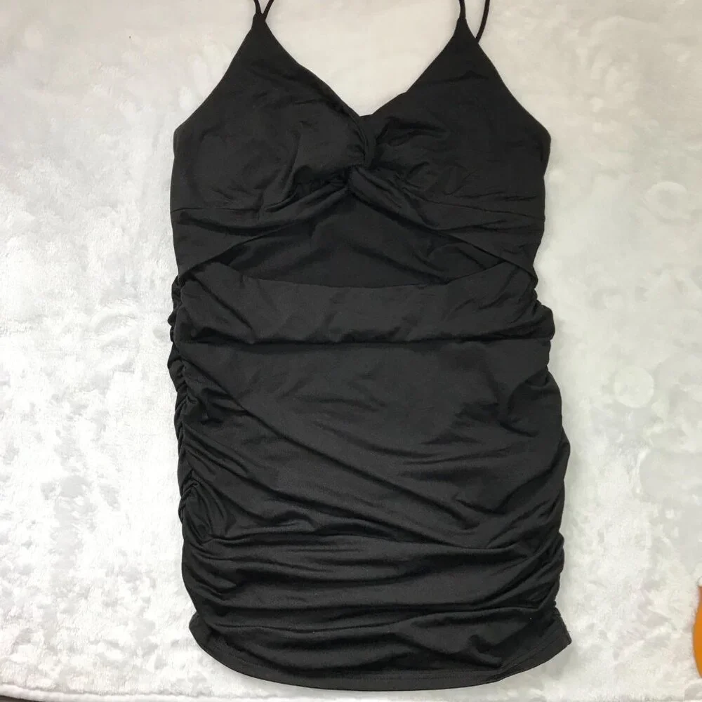 Unbranded Womens Cut Out Twist Knot Ruched Bodycon Mini Dress Size M Black Rayon